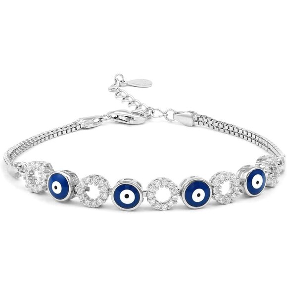 Cubic Zirconia Evil Eye Chain Bracelet, Minimal Sterling Silver Evil Eye Jewelry